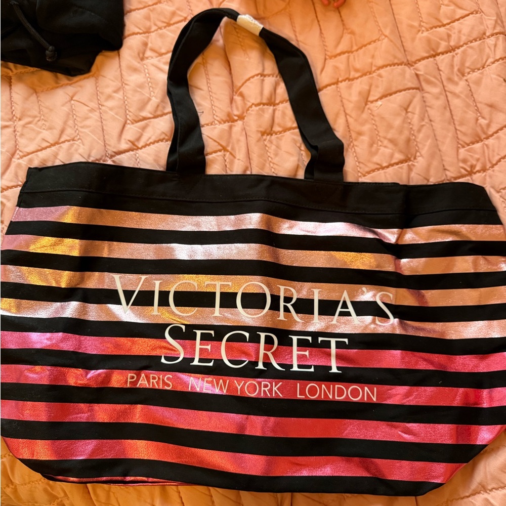 Victoria's Secret Shimmering Striped Tote - Black and Pink